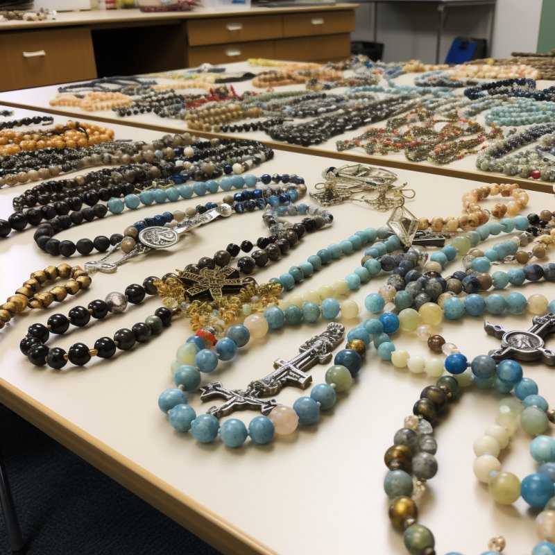 Praca chałupnicza: składanie różańców w domu